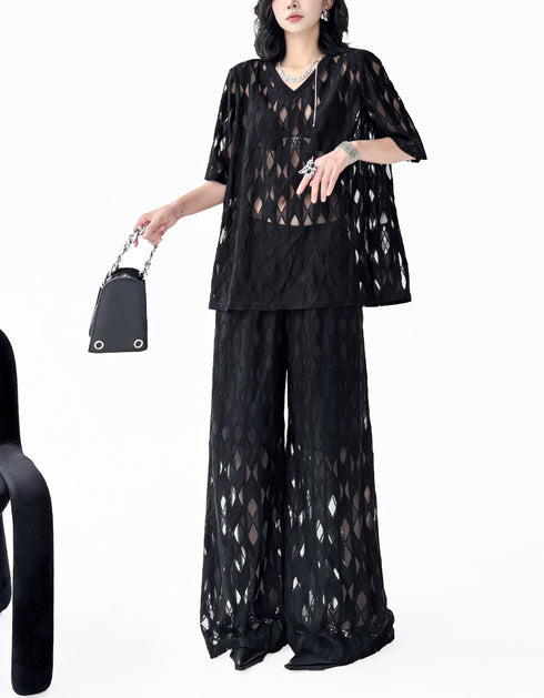 Mesh Diamond Pattern Tops & Pants Co-ord